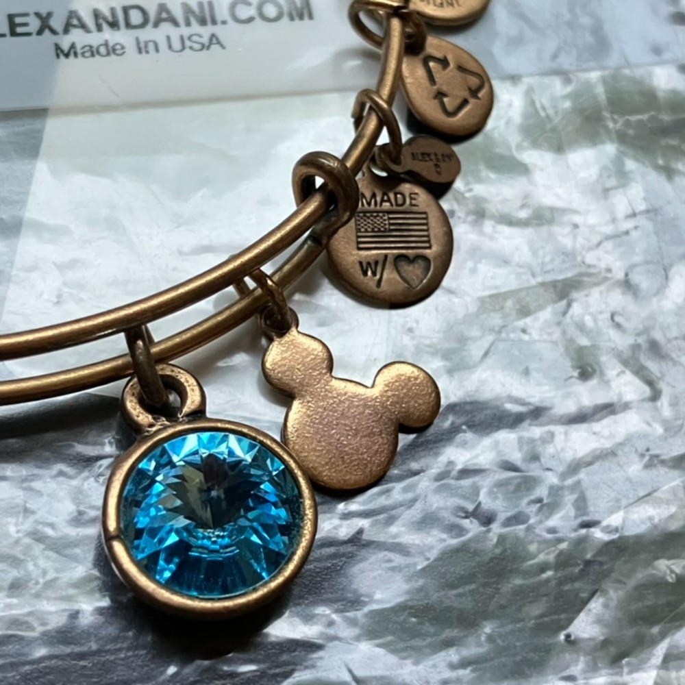 Alex and Ani Gold March Birthstone Aquamarine Mickey Charm Bracelet Disney Parks